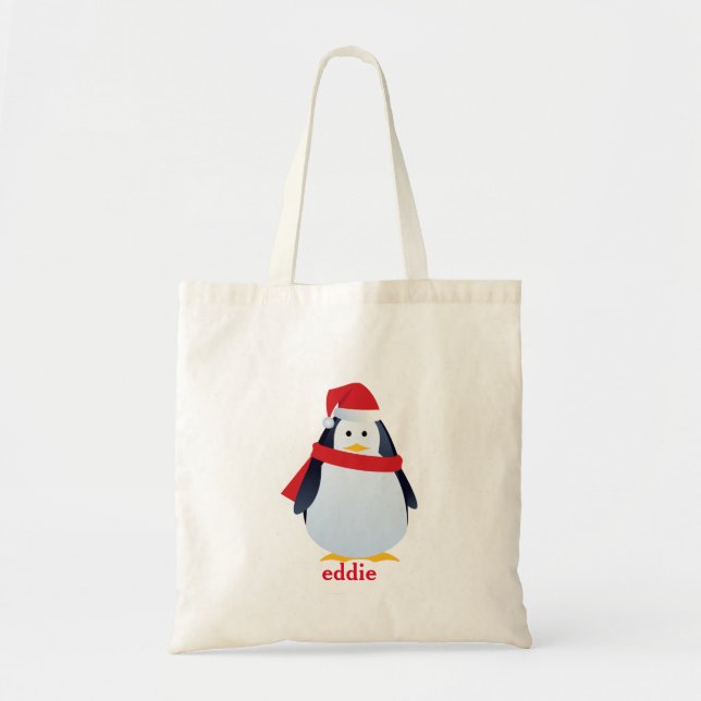 Personalized Decorative Penguin Santa Christmas Tote Bag (Front)
