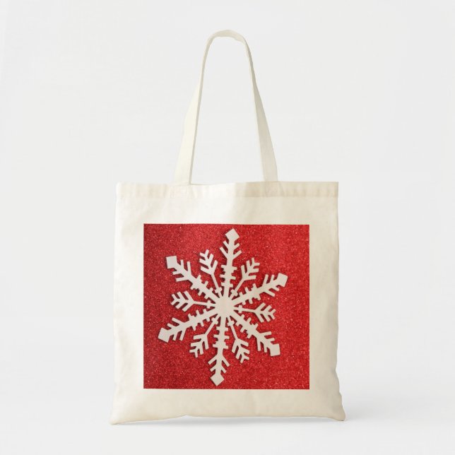 Personalized Decorative Red Christmas Snowflake Tote Bag (Front)