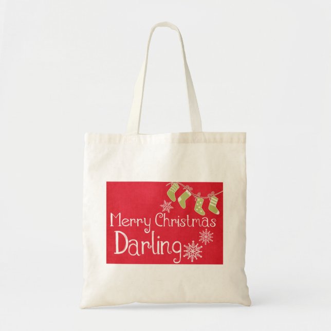 Personalized Decorative Red Merry Christmas Socks Tote Bag (Front)