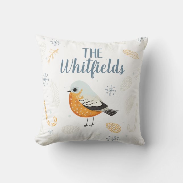 Personalized Decorative Robin Snowflakes Christmas Throw Pillow (Front)