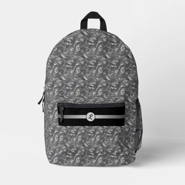 Personalized Decorative Silver Grey & Black  Printed Backpack (Front)