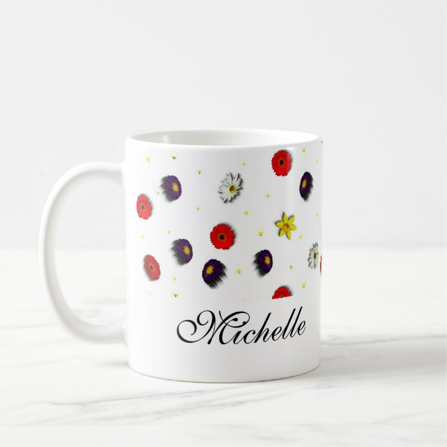 Personalized decorative spring flowers white coffee mug (Left)