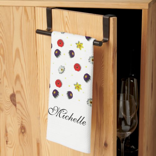 Personalized decorative spring flowers white kitchen towel