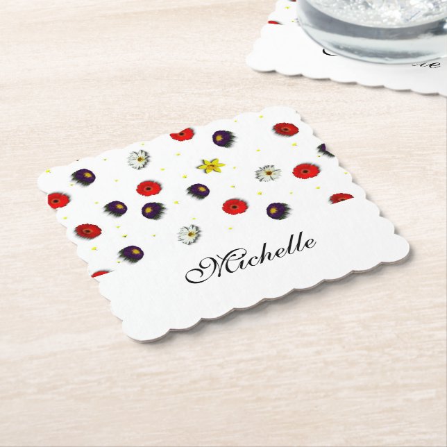 Personalized decorative spring flowers white paper coaster (Angled)