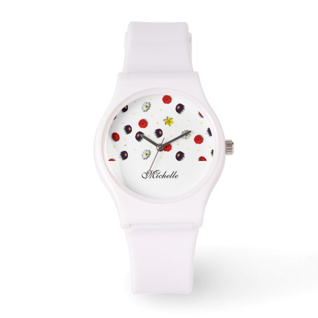 Personalized decorative spring flowers white watch (Front)