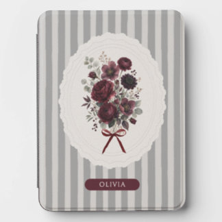 Personalized deep burdundy flowers grey stripes kindle cover