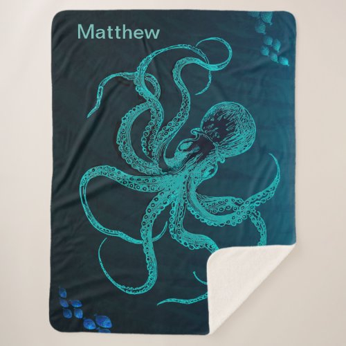 Personalized Deep Ocean Blue with Octopus  Fish Sherpa Blanket
