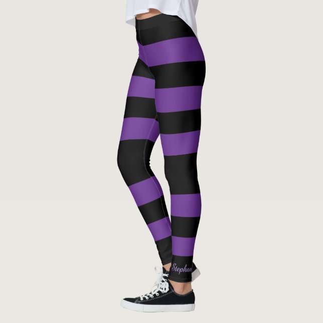 Personalized Deep Purple and Black Stripe Leggings (Left)