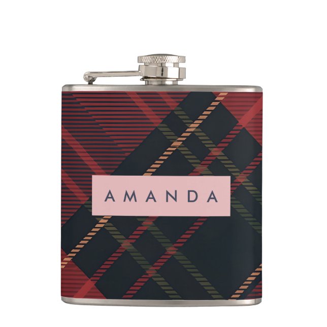 Personalized Deep Red and Black Tartan Plaid Flask (Front)