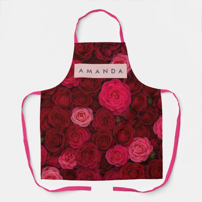 Personalized Deep Red & Pink Rose Garden  Apron (Front)
