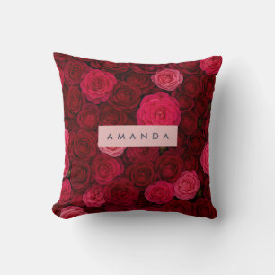Personalized Deep Red & Pink Rose Garden  Throw Pillow