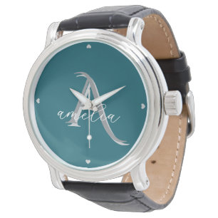 Personalized Deep Teal Silver Monogram for Men Watch