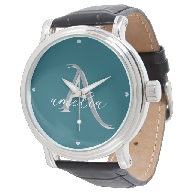 Personalized Deep Teal Silver Monogram for Men Watch (Angled)
