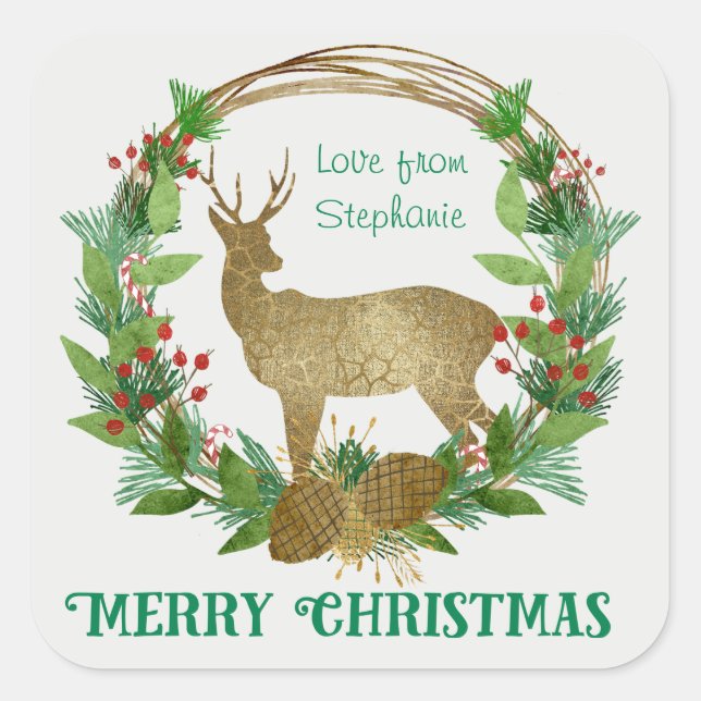 Personalized Deer and Pine Bough Christmas Wreath Square Sticker (Front)