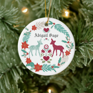 Personalized Deer and Wreath Baby's 1st Christmas Ceramic Ornament