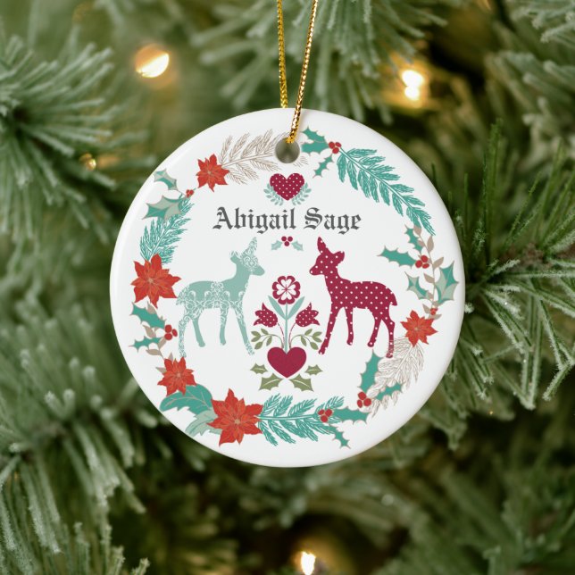 Personalized Deer and Wreath Baby's 1st Christmas Ceramic Ornament (Tree)