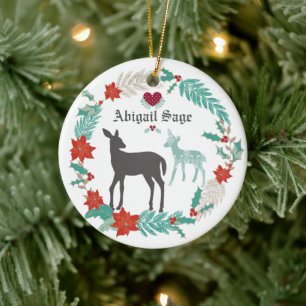 Personalized Deer and Wreath Baby's 1st Christmas Ceramic Ornament