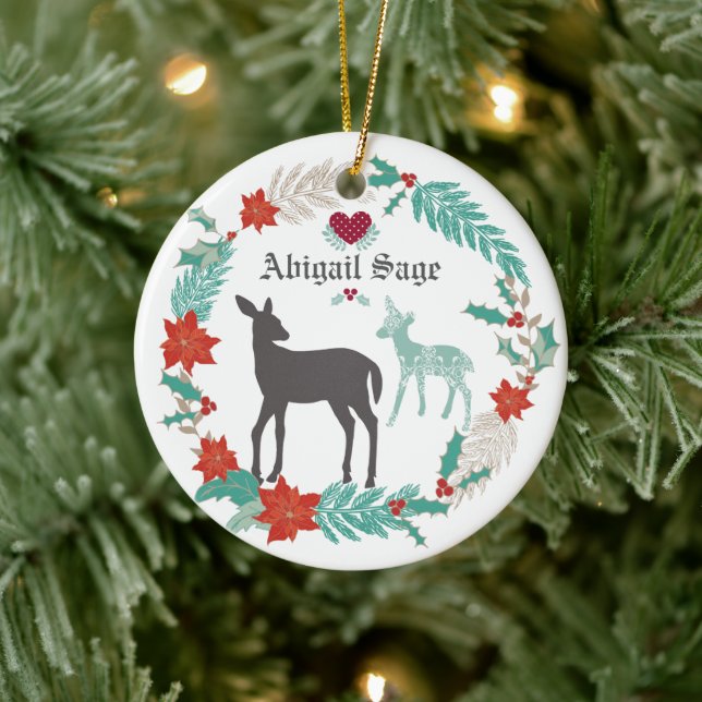 Personalized Deer and Wreath Baby's 1st Christmas Ceramic Ornament (Tree)