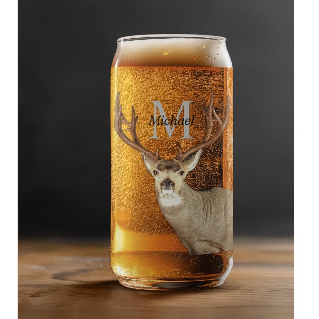 Personalized Deer Hunting Monogram Antlers Groom Can Glass (A classy and modern deer hunting monogram beer glass. The perfect personalized gift.)