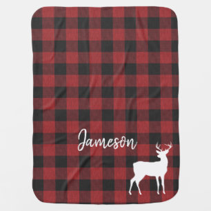 Personalized Deer On Red/Black Check Baby Blanket