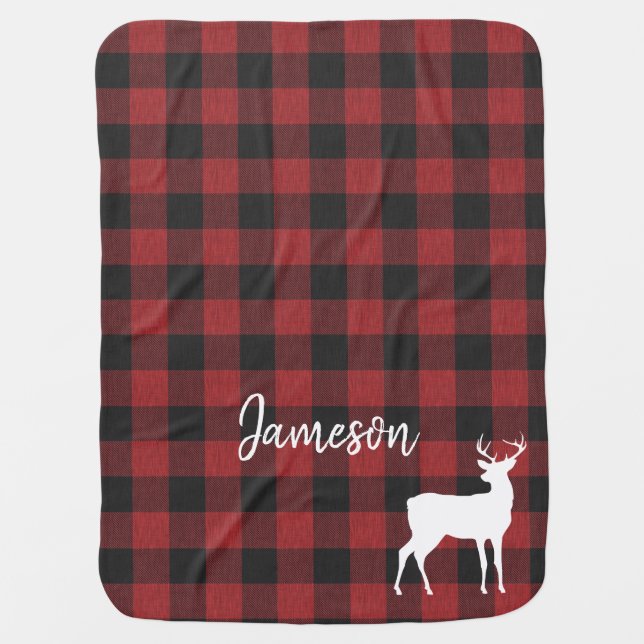 Personalized Deer On Red/Black Check Baby Blanket (Front)