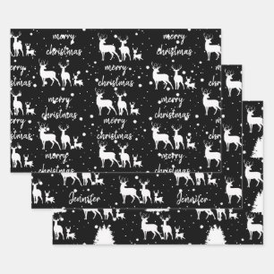 Personalized Deer & Star Pattern Christmas Black Wrapping Paper Sheets