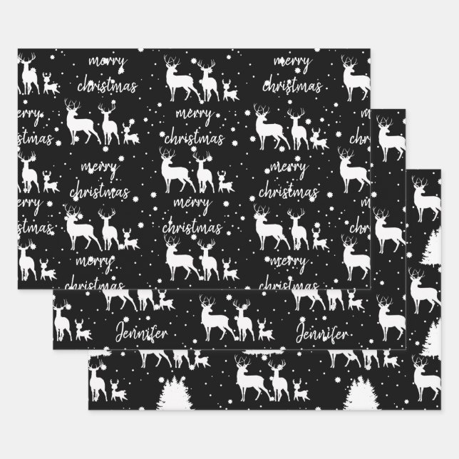 Personalized Deer & Star Pattern Christmas Black Wrapping Paper Sheets (Set)