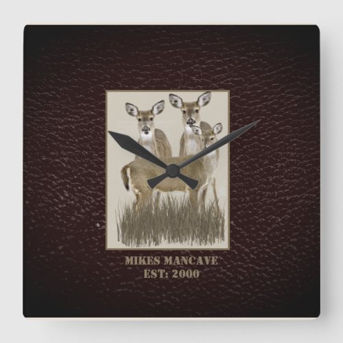 Personalized Deer Wildlife on Brown Leather  Square Wall Clock