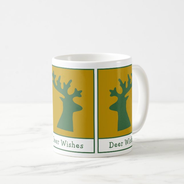 Personalized Deer Wishes Holiday Art Green Gold Coffee Mug (Front Right)