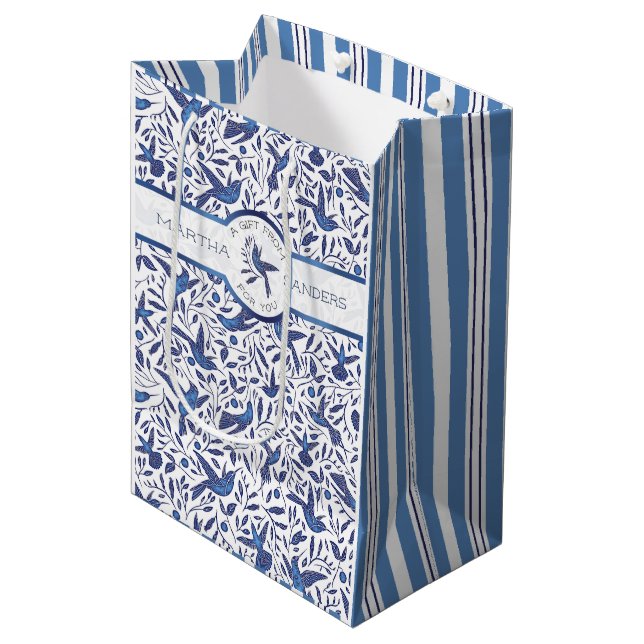 Personalized Delft Blue Birds Medium Gift Bag (Front Angled)