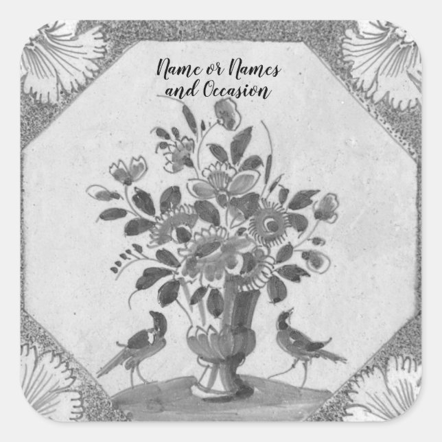 Personalized Delft floral Birds  Square Sticker (Front)