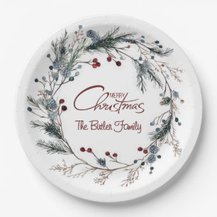 Personalized Delicate Christmas Floral Wreath Paper Plates