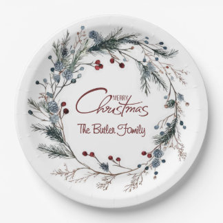 Personalized Delicate Christmas Floral Wreath Paper Plates
