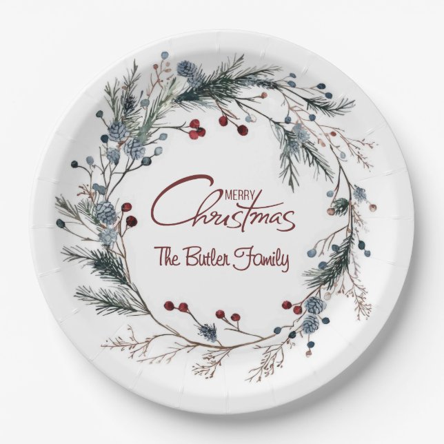 Personalized Delicate Christmas Floral Wreath Paper Plates (Front)