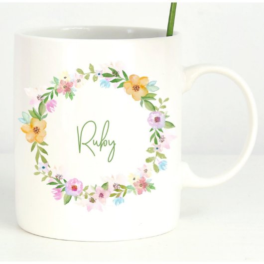 Personalized Delicate Flower Wreath Coffee Mug (Front)