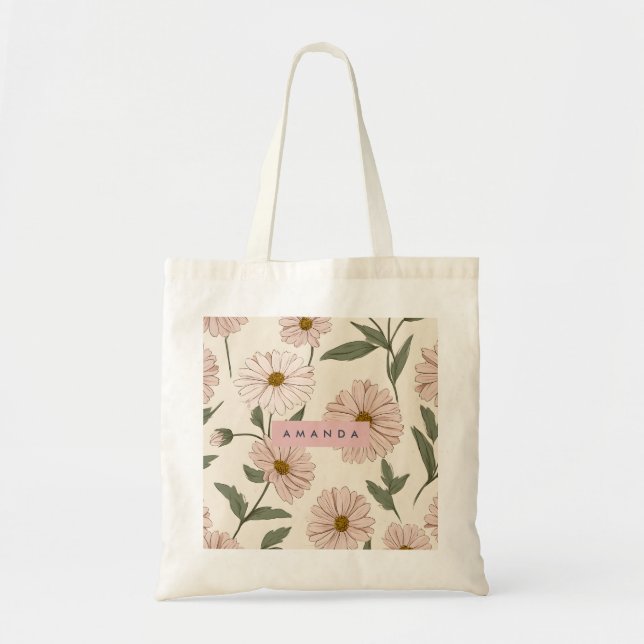 Personalized Delicate Pink Daisy Illustration Tote Bag (Front)