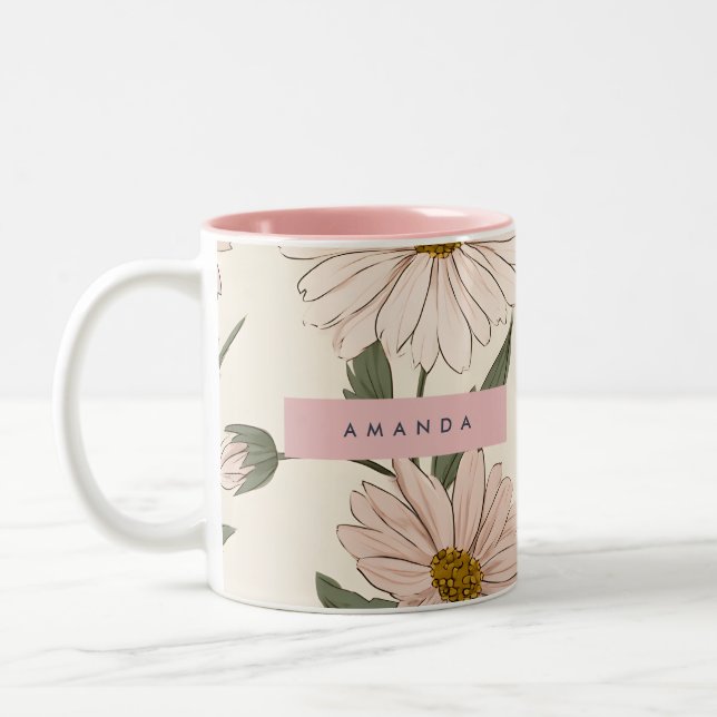 Personalized Delicate Pink Daisy Illustration Two-Tone Coffee Mug (Left)