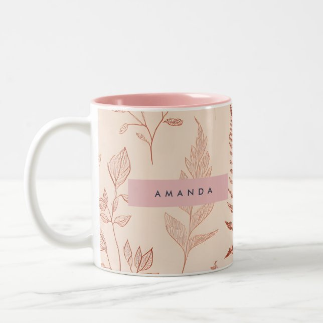 Personalized Delicate Terracotta Leaf Sketch  Two-Tone Coffee Mug (Left)
