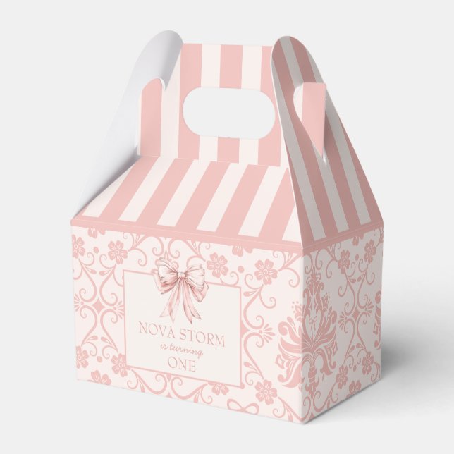 Personalized Demask Blush Pink Coquette Birthday Favor Boxes (Front Side)