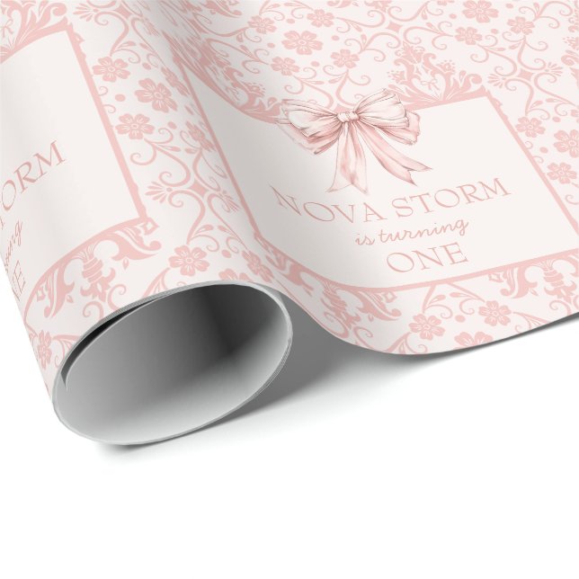 Personalized Demask Blush Pink Coquette Milestone Wrapping Paper (Roll Corner)