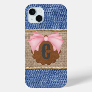 Personalized Denim & Leather with Pink Bow iPhone 15 Plus Case
