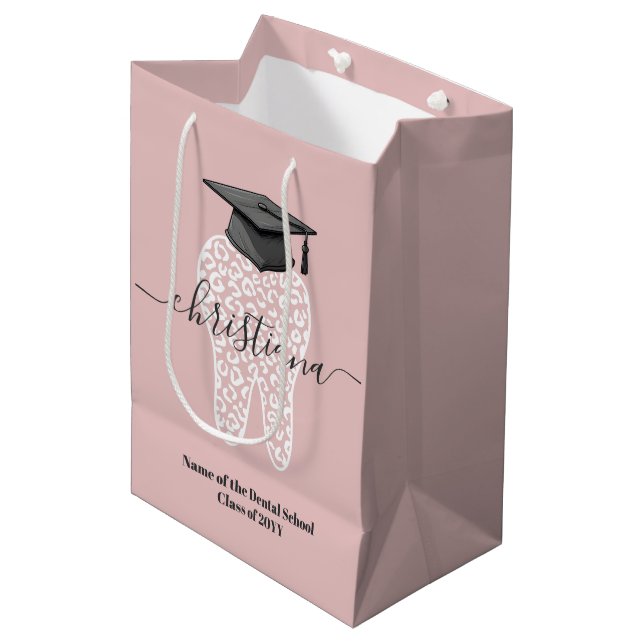 Personalized Dental Graduation Leopard Tooth Grad Medium Gift Bag (Front Angled)