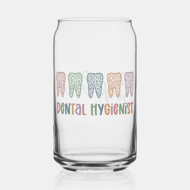 Personalized Dental Hygienist Leopard Print teeth Can Glass (Front)
