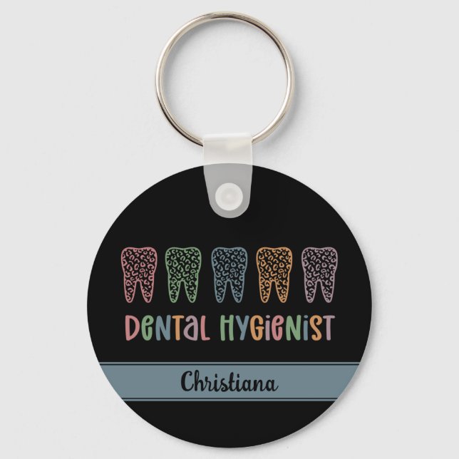Personalized Dental Hygienist Leopard Print teeth Keychain (Front)