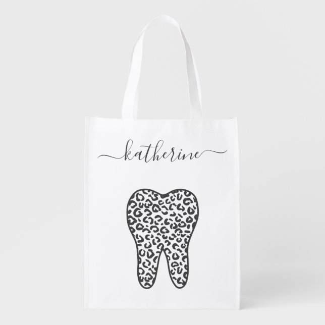 Personalized Dental Leopard Print Tooth Gifts Grocery Bag (Front)