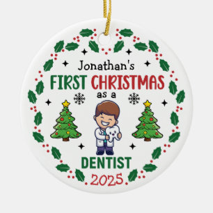 Personalized Dentist First Christmas Tree Round Ceramic Ornament