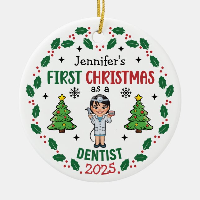 Personalized Dentist First Christmas Tree Round Ceramic Ornament (Front)