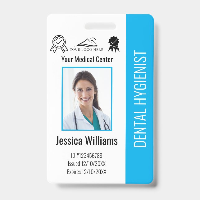 Personalized Dentist Office Logo Photo ID Blue Badge (Front)
