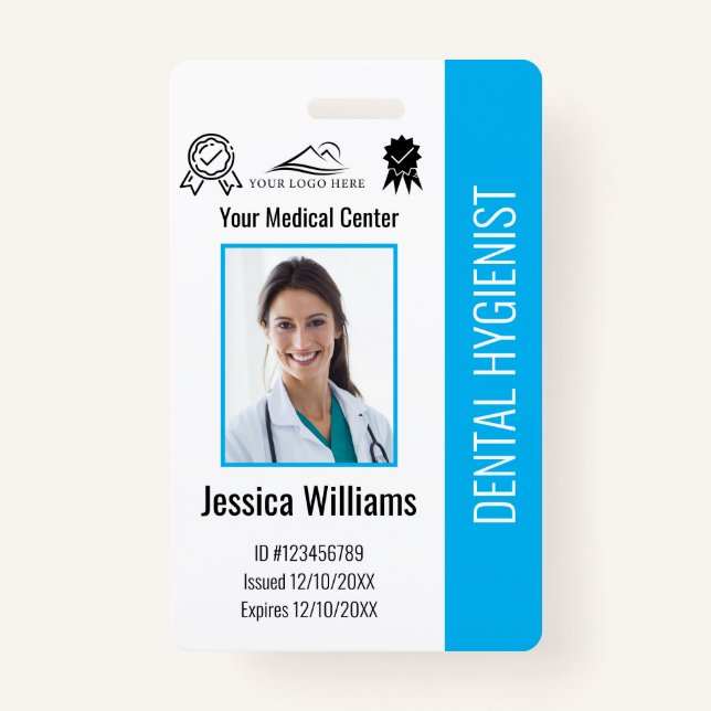 Personalized Dentist Office Logo Photo ID Blue Badge (Front)