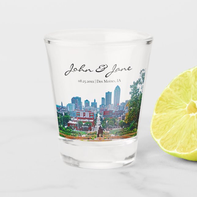 Personalized Des Moines Iowa Skyline Shot Glass (Front)